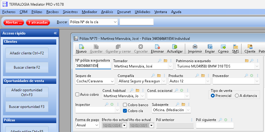 Captura de pantalla de Mediator 10.78 — Software de gestión para corredores y agentes de seguros