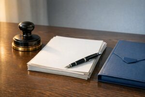 Sello oficial sobre escritorio con documentos legales y pluma