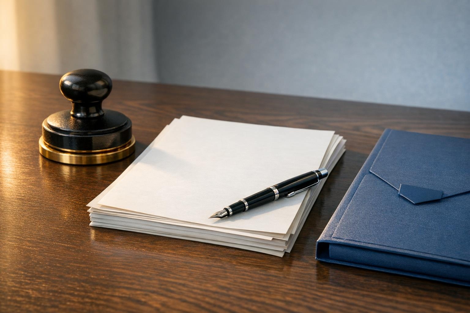 Sello oficial sobre escritorio con documentos legales y pluma