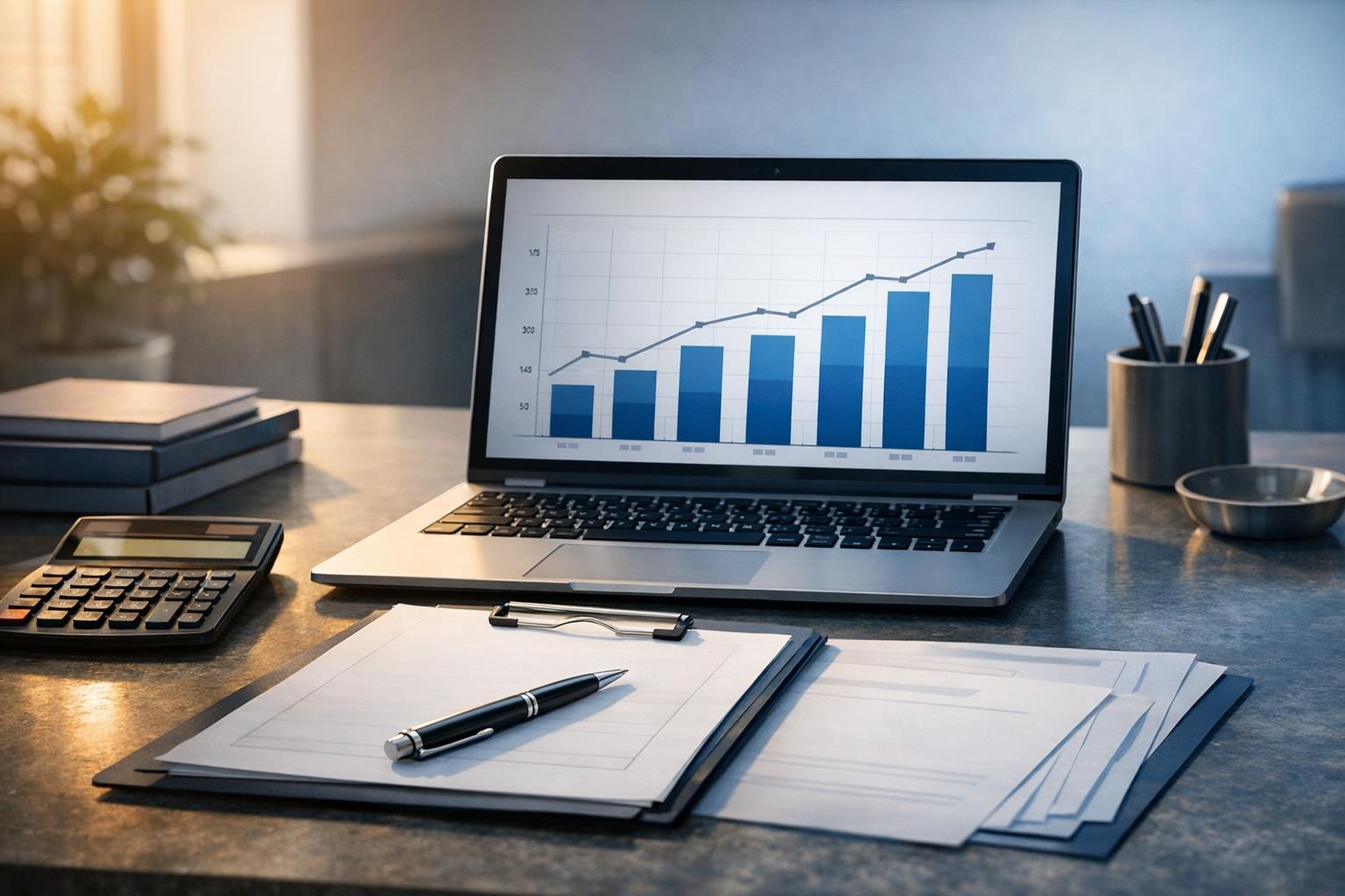 Escritorio de corredor de seguros con portátil, gráfica de ingresos y calculadora