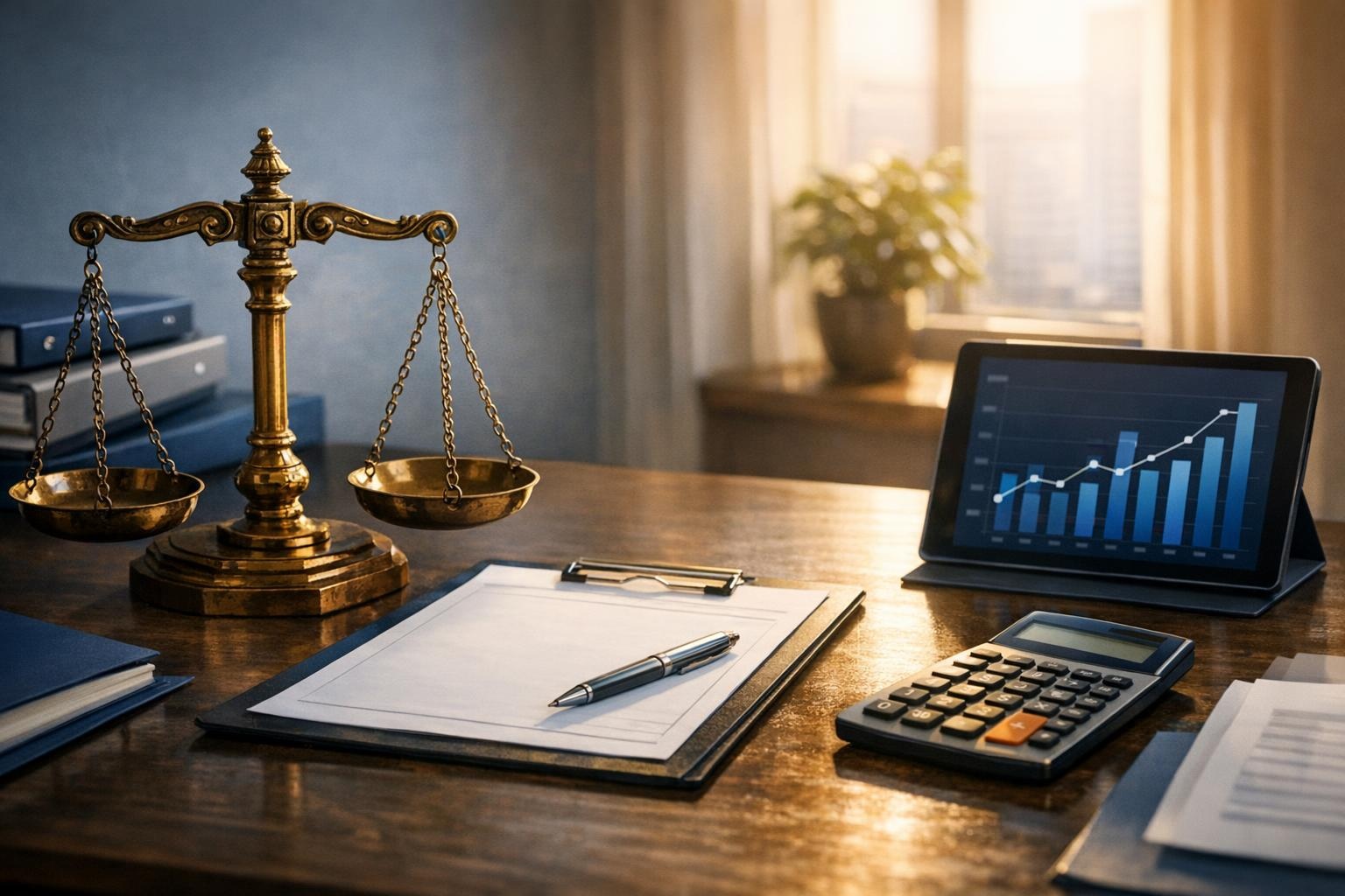 Balanza sobre escritorio de corredor de seguros con documentos financieros y calculadora