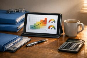 Escritorio profesional de corredor de seguros con pólizas, tablet y calculadora