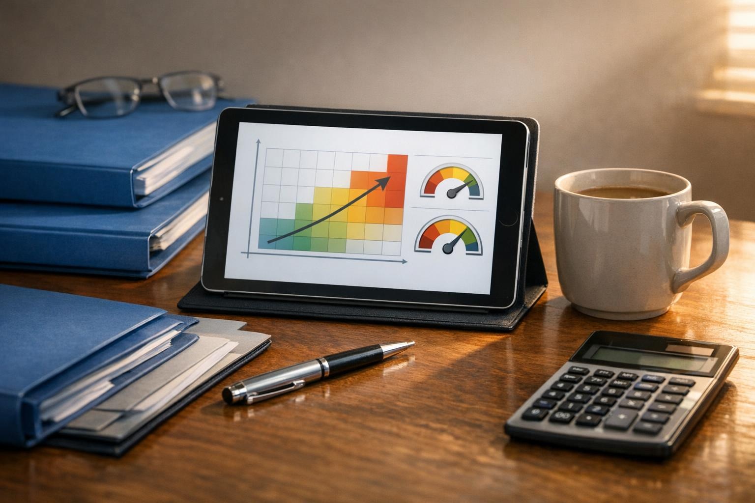 Escritorio profesional de corredor de seguros con pólizas, tablet y calculadora